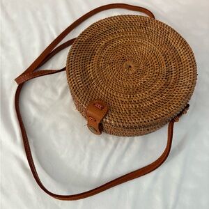 Round Woven Tan Crossbody Bag
